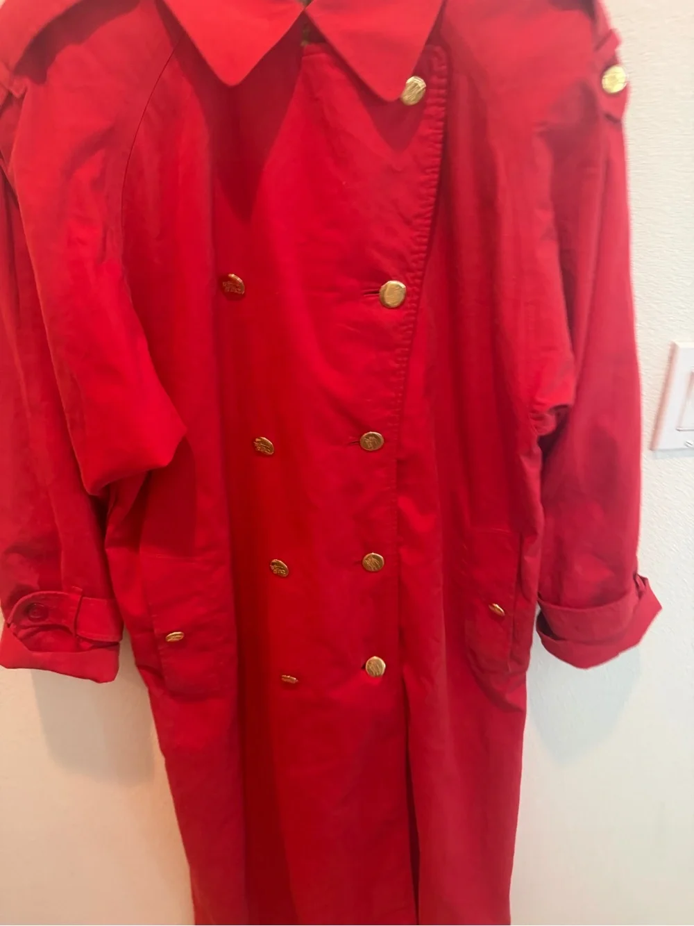 Burberry Red Double-Breasted Trench Coat with Gold Buttons - Picture 2 of 11